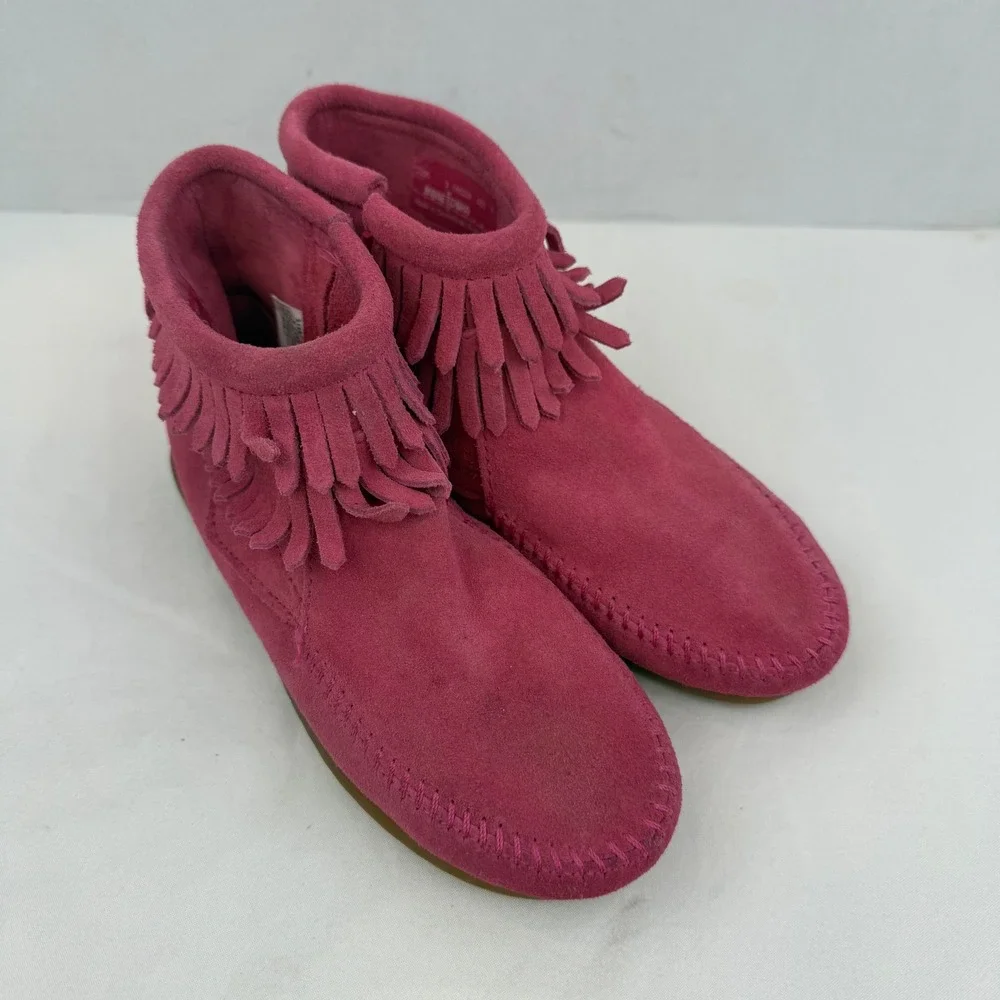 Minnetonka Kids Double Layer Fringe Moccasin Boots Pink Suede 2295 Size 3
